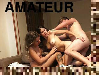FFM threesome in doggy style with amateur chicks - Homemade