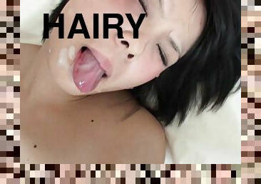 Hiromi with hairy pussy and natural boobs being fucked hard