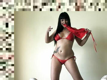 Provocative chick drops her red bikini to make her lover hard