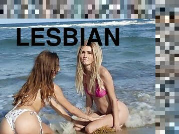 fisse-pussy, mager, lesbisk, strand, fingering, naturlig, pool, bikini