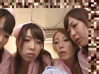 Lucky patient gets his dick pleasured by four sexy Japanese nurses