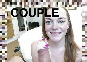 This redheaded teen with D cup tits sucks cock