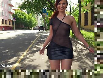 Summer Walk. Jeny Smith walking in public with the transparent dress