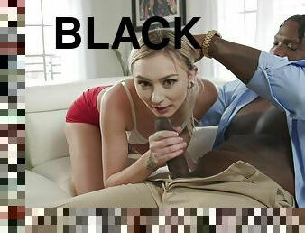 Blonde girl Chloe Temple gets talked into sucking on a black cock