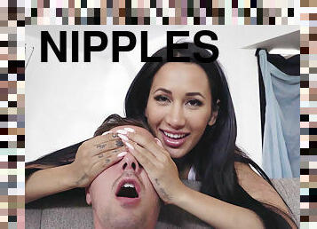 Brunette with cherry nipples Amia Miley gets licked and fucked