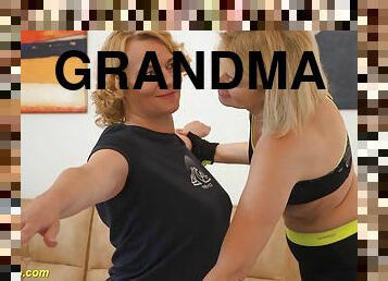 Chubby grandma enjoys her first lesbian dildo sex lesson by her chubby mature teacher