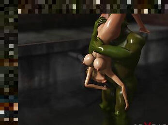 Crazy fuck in the sewer! Sexy blonde gets fucked hard by a green monster
