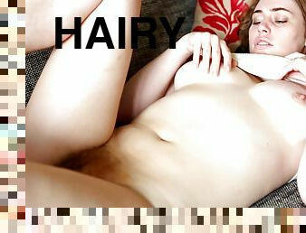 Molly Broad has fun with her hairy cunt until she busts a nut