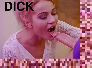Cherry Kiss shows her cock sucking skills and rides on a dick