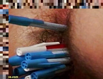 Skinny redhead babes hairy bush asshole gets toyed with pens and deep fucked
