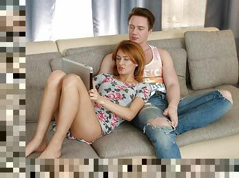 Cute redhead Russian Esperanse gets licked and dicked on the sofa