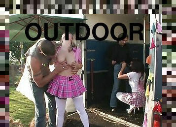 Eva Angelina and Alexis May get fucked hard in outdoors by 2 guys