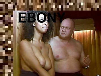 Ebony chick gets spanked in the sauna. White guy spanking a black gal over the knee