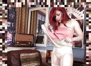 Redhead slut Poline in white lingerie playing with her wet pussy