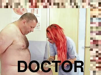 Redhead doctor Billie Rai takes a small dick of a fat dude in her hands