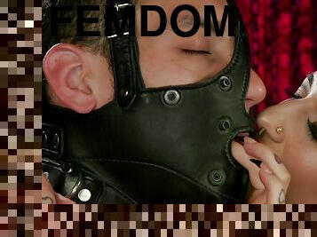 Full-Breasted domme ass sex fucks male with gimpmask