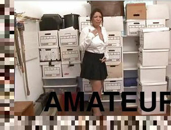 Embarrassed nude secretary in storeroom make strip