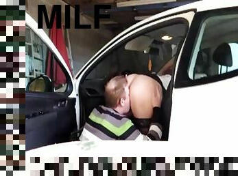 MILFs bang in garage