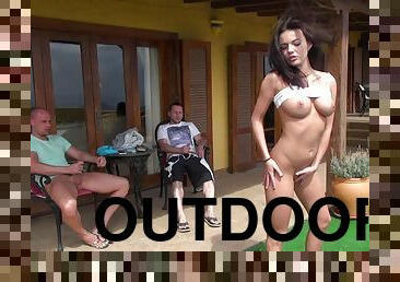 Outdoors group sex party with sexy pornstars Bianca and Vanessa