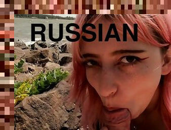 Hot pink hair Russian teen gets blowjob at the beach