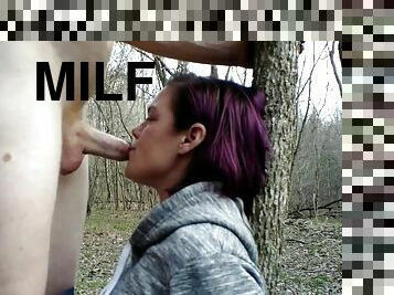 MILF was chained to a tree in the forest and fuck in mouth