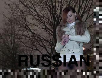 Russian Jeny Smith walks in public in transparent pantyhose without panties