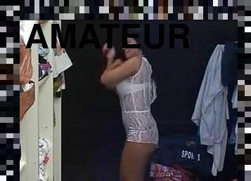 Serbian girl trying on clothes