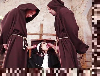 Dirty nun fucked by two guys in pussy and mouth and she wants more