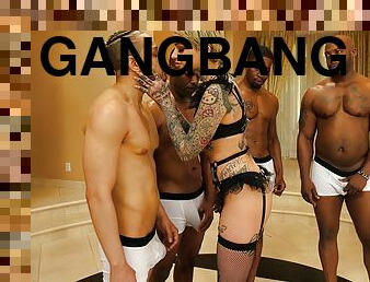 Blonde slut Leigh Raven with a full body tattoos fucked in gangbang