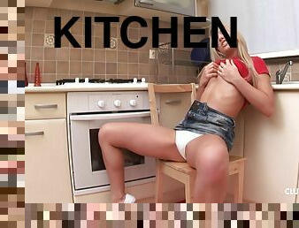Blonde teen Artemis drops her panties and masturbates in the kitchen