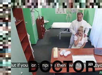 Naughty doctor gives a massage to his nurse and receives head