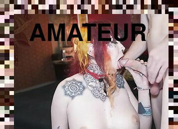 Tattooed curvy amateur girl sucks cock, licks balls and fucks