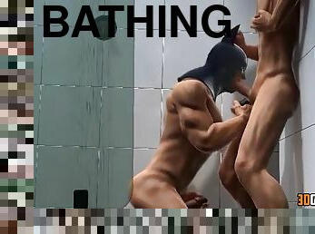 Robin gets his dick sucked off by Batman in the shower
