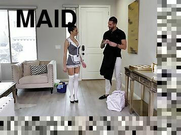 sexy maid Eva Long enjoys hard sex with her boss in the kitchen