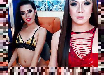 Two pretty and sexy tranny babes get naughty and playful on cam
