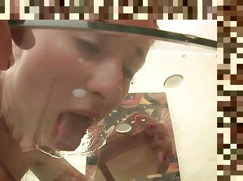 Naughty chick Liana A licks fresh cum off of a glass table