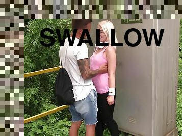 Sporty blonde teen girlfriend Lovita Fate swallows cum outdoors