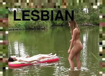 Lesbian nature loving babes lick each other in the forest