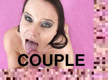 Slutty brunette Wendy Moon sucks a dildo while getting pussy fucked