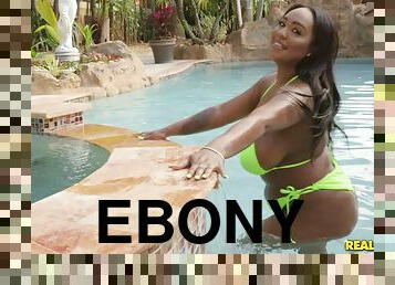 Buxom ebony Layton Benton rides a big white dick oiled up at the pool
