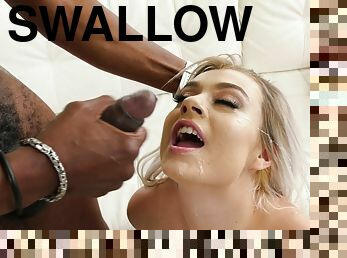 Horny blonde in shorts Nova Cane swallows cum from a black guy