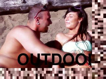 Slutty babes Mylee Cruz and Nikki Lips share a dick on the beach