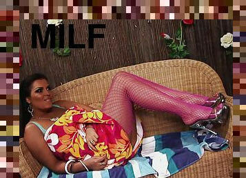 Latina MILF in fishnets Jaylene Rio pounded on the couch hardcore