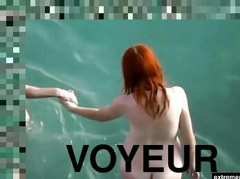 Voyeur vid of my redhead wife. Me and my GF went on holiday with her.