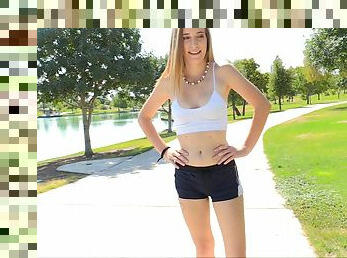 Sporty blonde teen Dakota jogs and takes off her clothes along the way