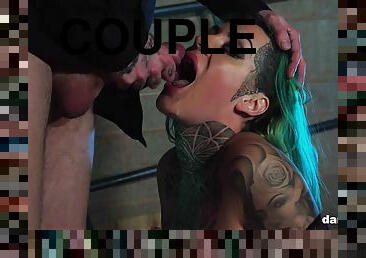 Punk green haired slut in fishnets scoops up cum from her face