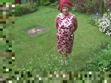 Mature granny Rosemary strips outdoors and plays with a dildo