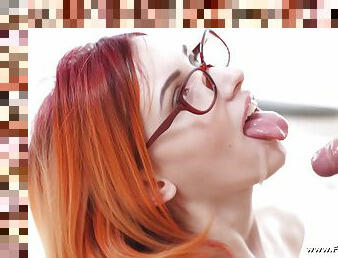 Nerdy redhead cutie Elin Holm gets cum on her face and glasses