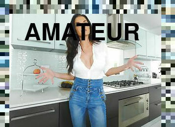 Brunette amateur MILF Silvia strips and masturbates in the kitchen
