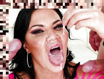 Thirsty slut in fishnets Jasmine Jae plays with cum in her mouth